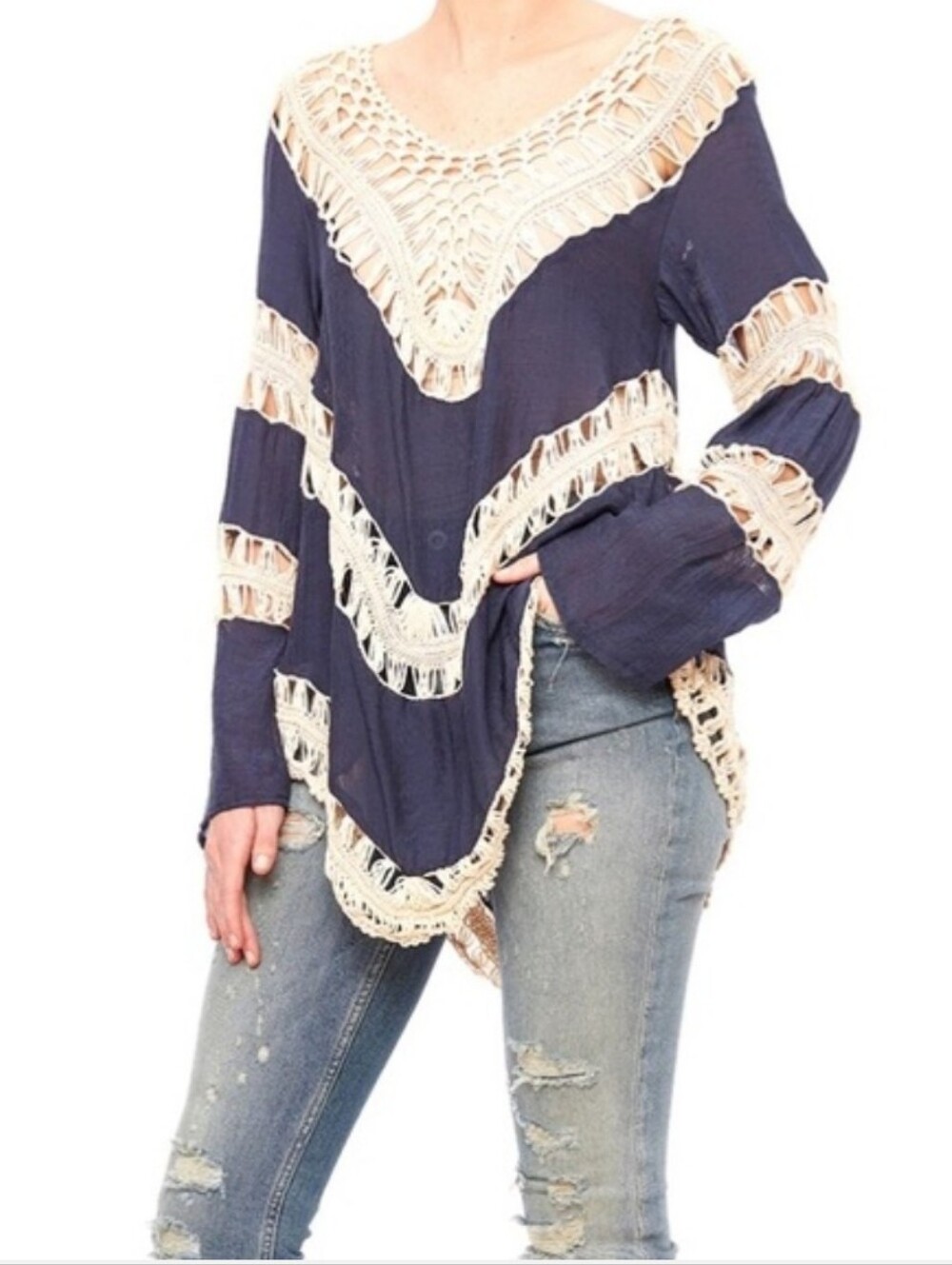 Umgee Navy Blue Cream Crochet Fringe Chevron Boho Tunic Blouse Oversized Top S